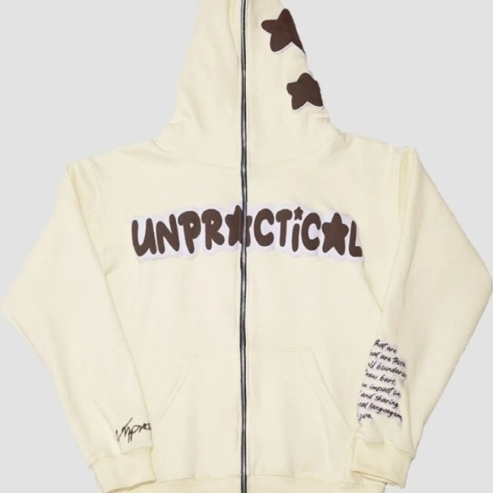 UNPRACTICAL Cream Fullzip Zip-Up Embossed Graphic Design Hoodie